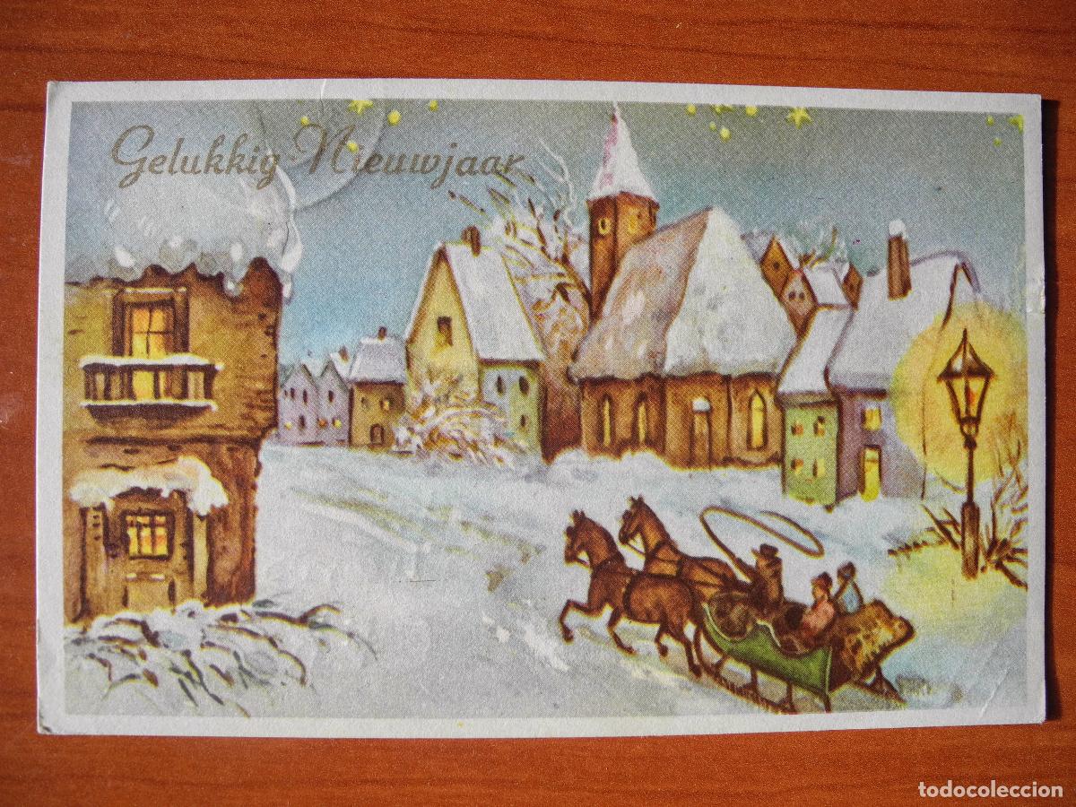 Cartes Postales: Postal Navidad Trineo de caballos paisaje nevado casas. Circulada con sello