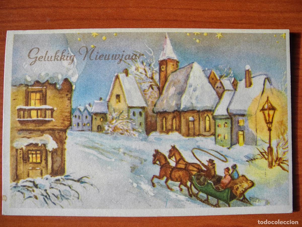 Cartes Postales: Postal Navidad Trineo de caballos paisaje nevado casas. Circulada con sello 1964