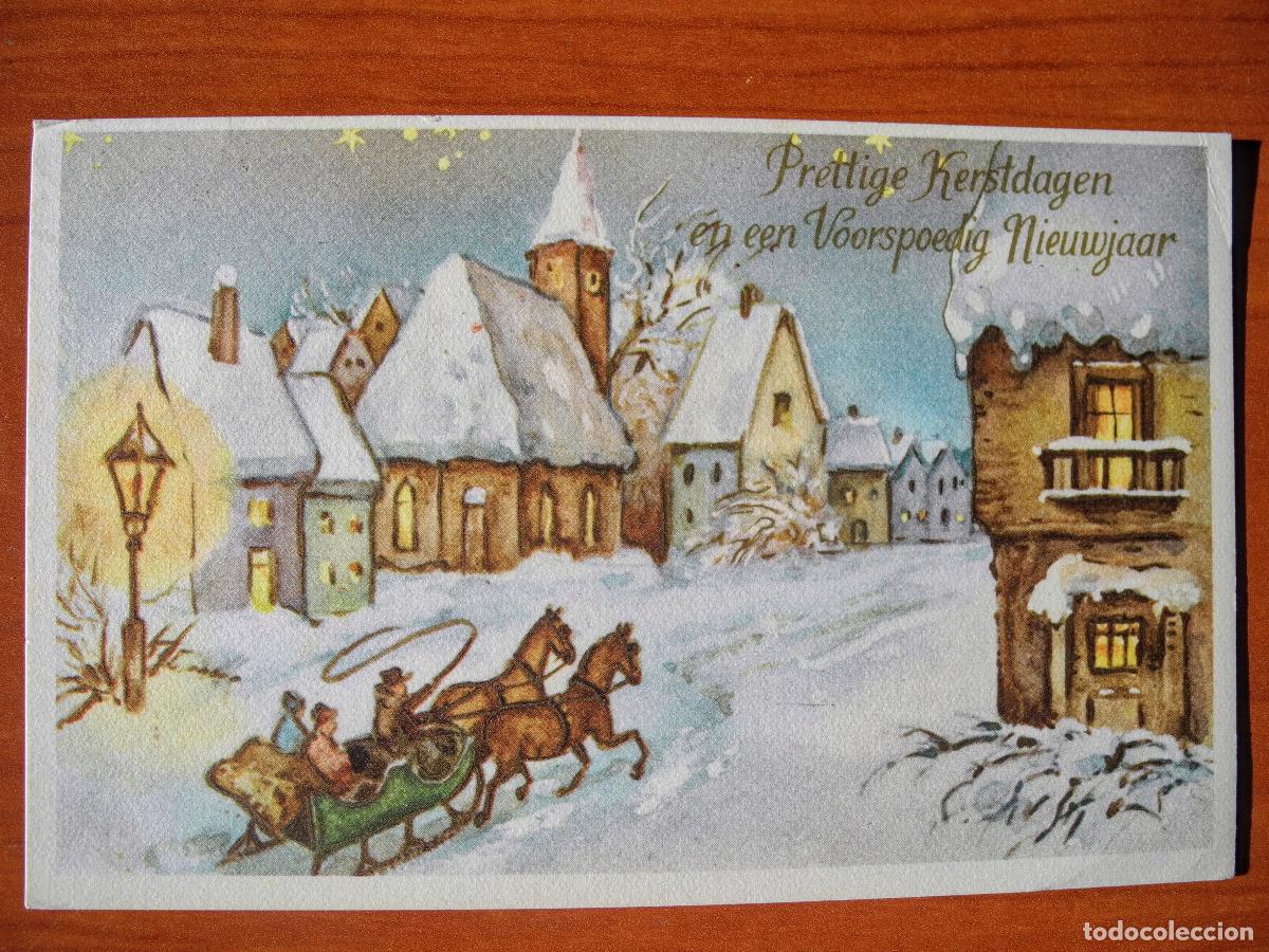 Cartes Postales: Postal Navidad Trineo de caballos paisaje nevado casas. Circulada con sello