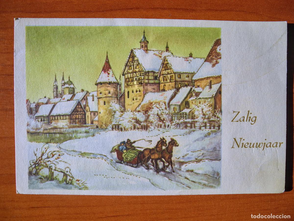 Cartes Postales: Postal Navidad Trineo de caballos paisaje nevado casas. Nueva sin circular