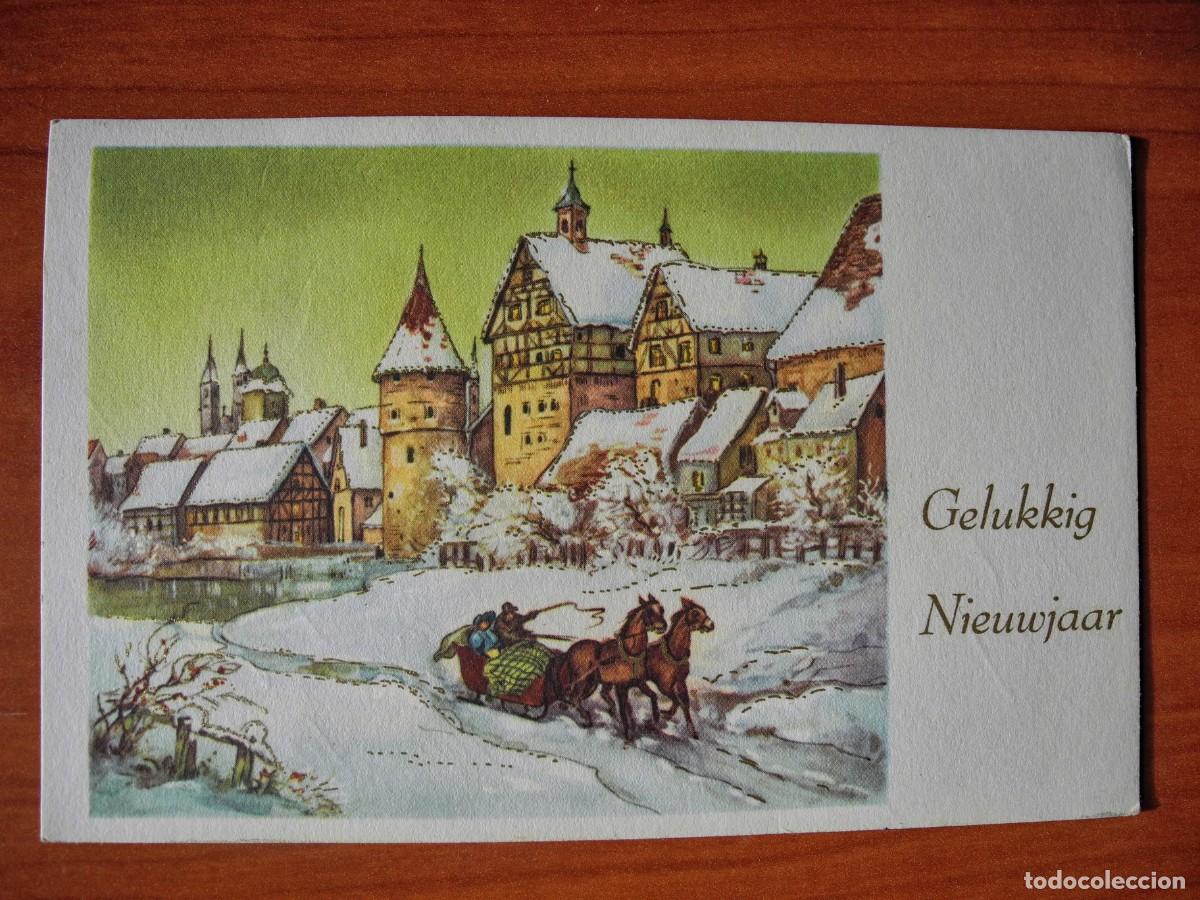Cartes Postales: Postal Navidad Trineo de caballos paisaje nevado casas contornos dorados. Circulada con sello 1962