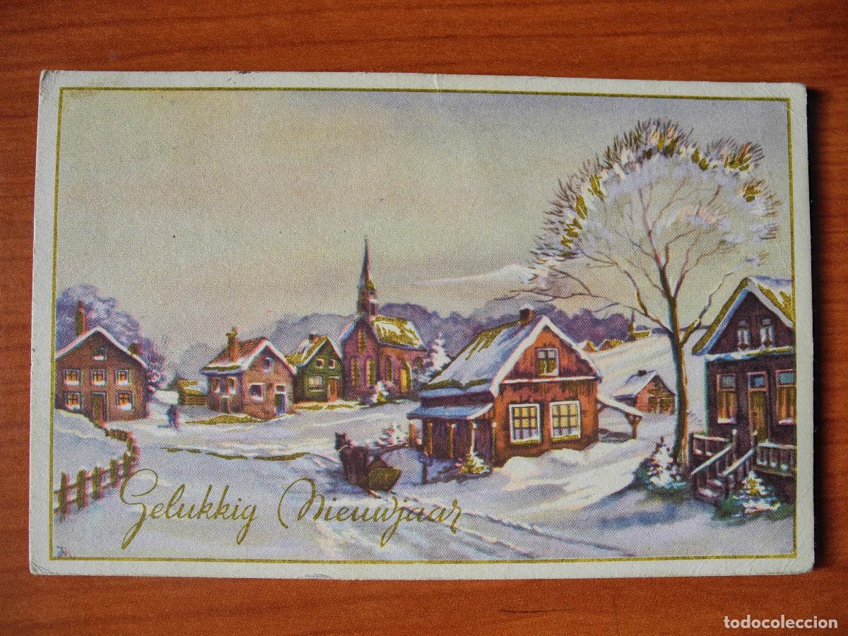 Cartes Postales: Postal Navidad Trineo de caballos paisaje nevado casas contornos dorados. Circulada con sello 1958