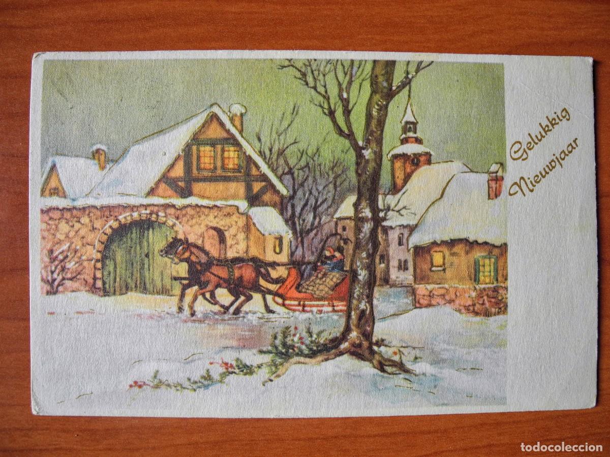 Cartes Postales: Postal Navidad Trineo de caballos paisaje nevado casas contornos dorados. Circulada con sello 1959