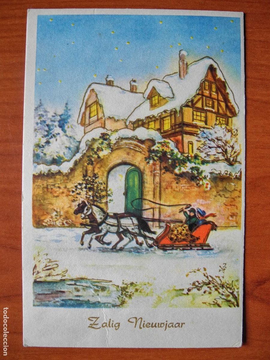 Cartes Postales: Postal Navidad Trineo de caballos paisaje nevado casas contornos dorados. Escrita sin sello