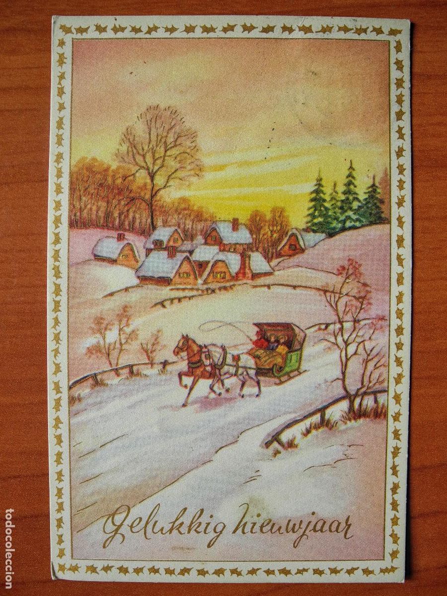 Cartes Postales: Postal Navidad Trineo de caballos paisaje nevado casas contornos dorados. Circulada con sello 1953