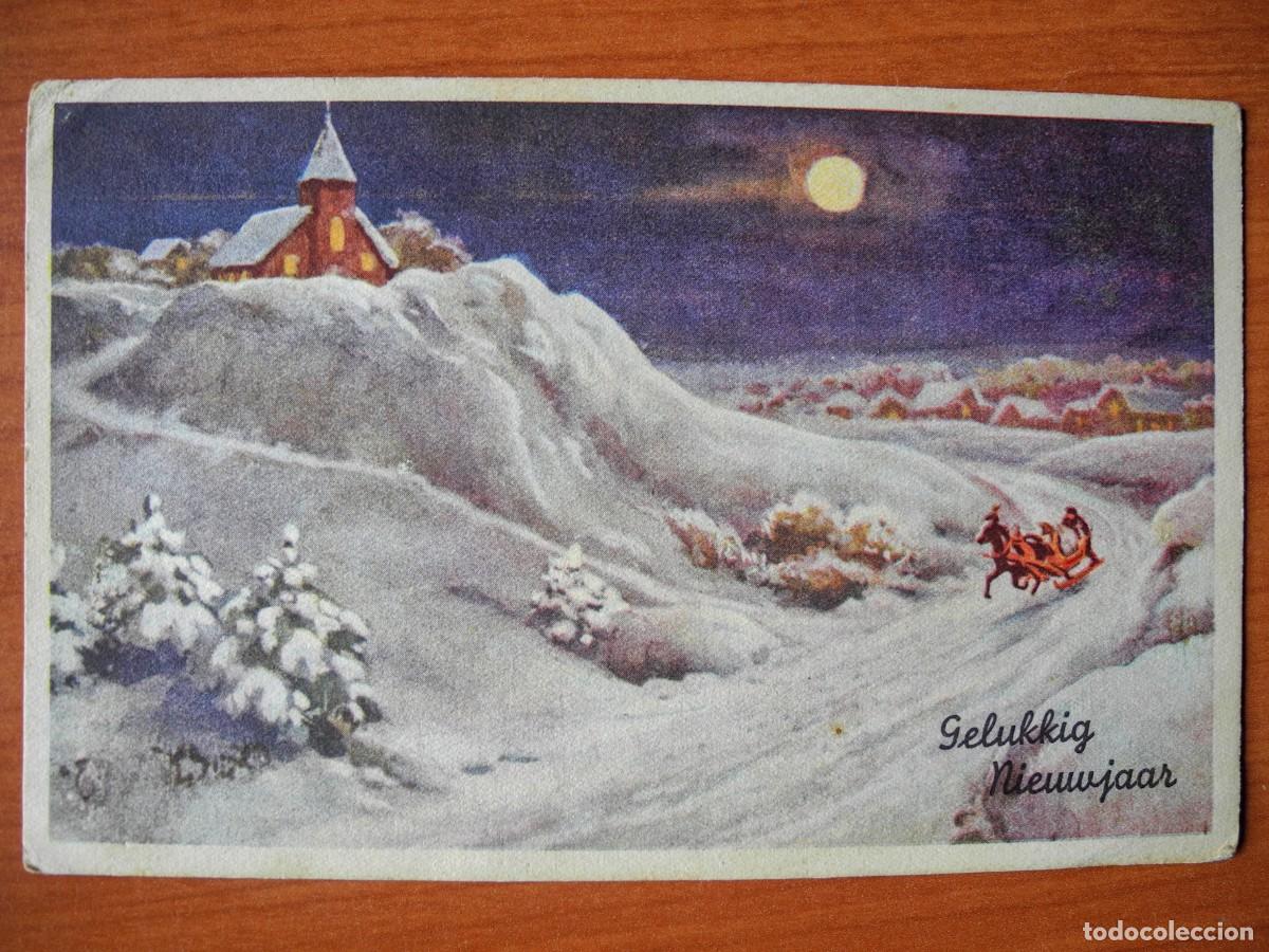 Cartes Postales: Postal Navidad Trineo de caballos paisaje nevado casas. Circulada sin sello 1942.