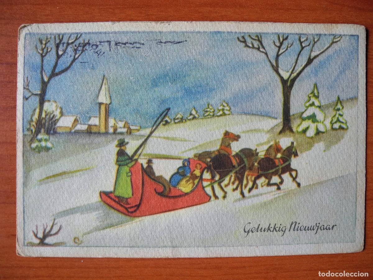Cartes Postales: Postal Navidad Trineo de caballos paisaje nevado casas. Circulada con sello a&ntilde;os 40