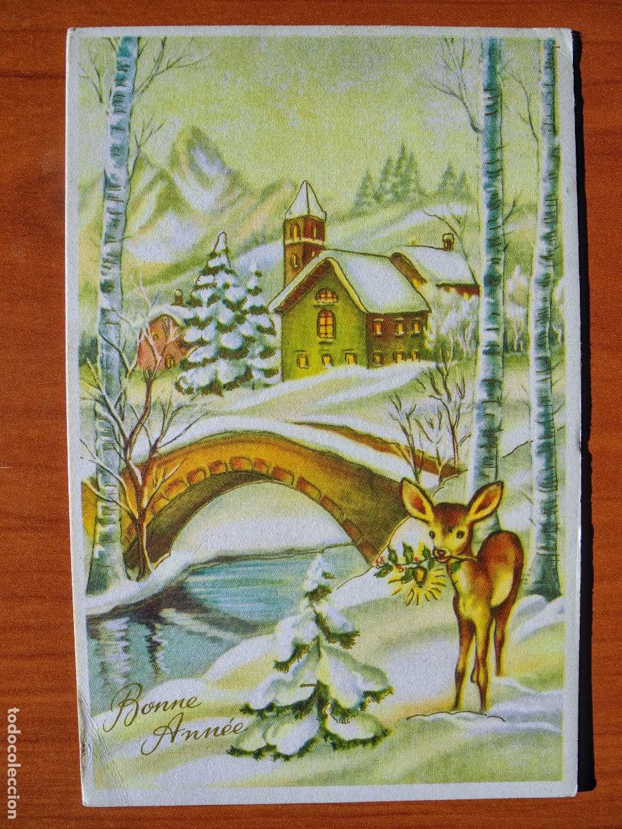 Cartes Postales: Postal Navidad Cervatillo Ciervo paisaje nevado contornos dorados rio puente Circulada 1962 9x14