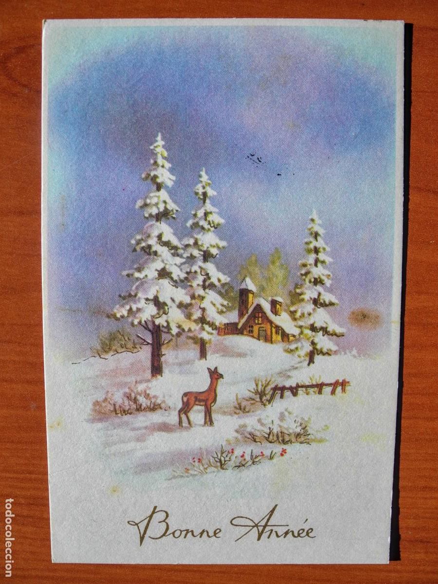 Cartes Postales: Postal Navidad Cervatillo Ciervo paisaje nevado Contornos dorados. Circulada con sello 9x14