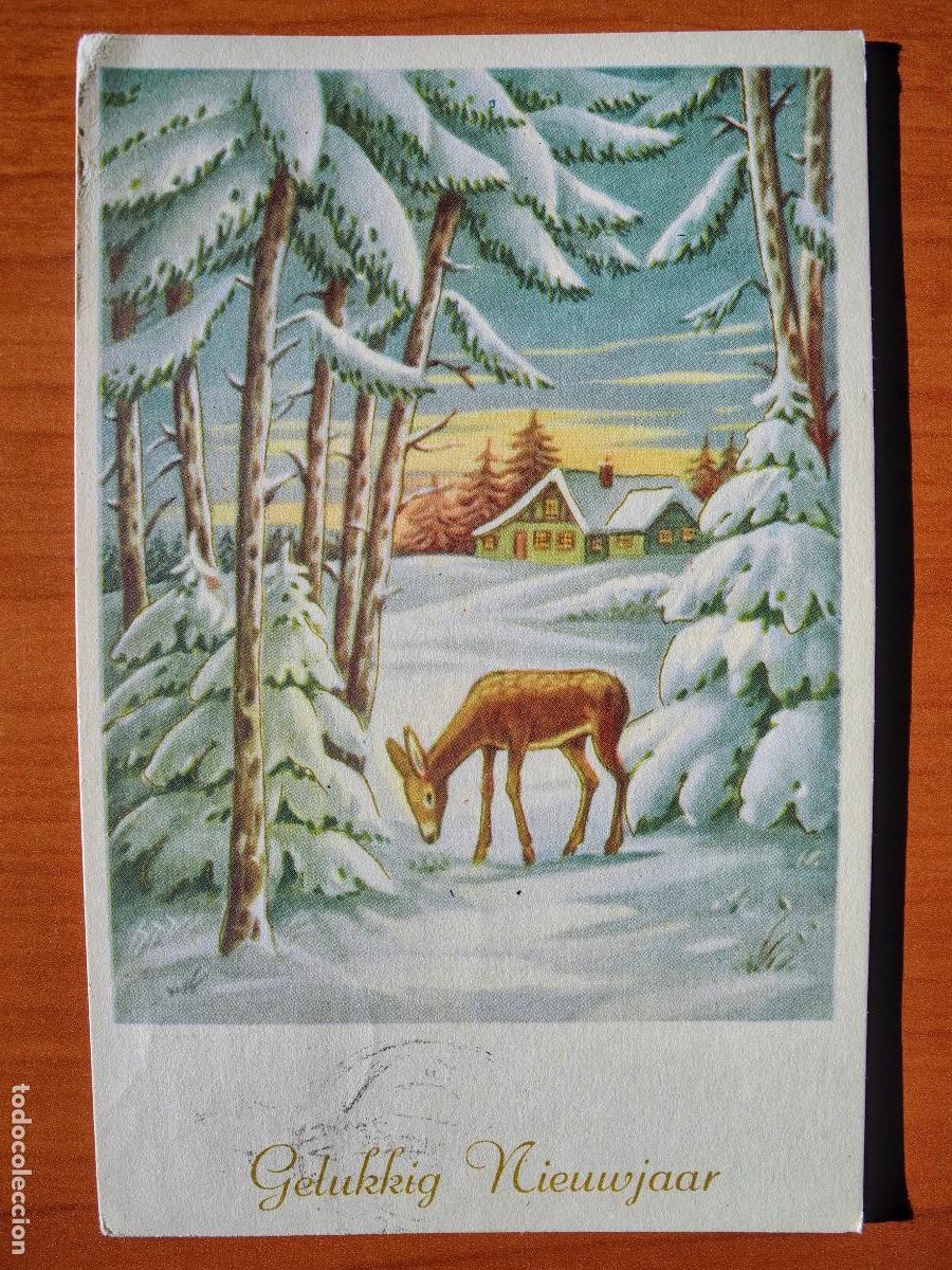 Cartes Postales: Postal Navidad Cervatillo Ciervo paisaje nevado contornos dorados circulada con sello 9x14