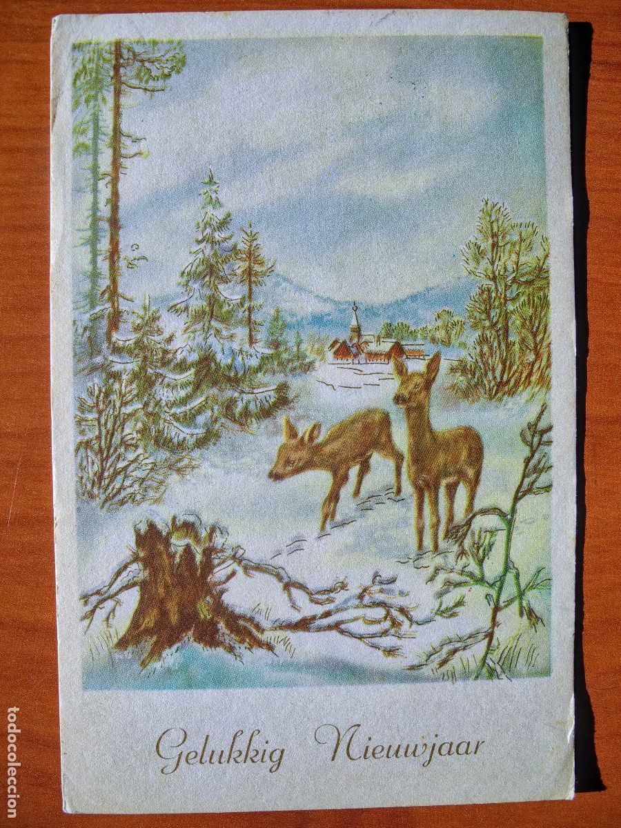 Postcards: Postal Navidad Cervatillo Ciervo paisaje nevado contornos dorados circulada con sello 1960 9x14