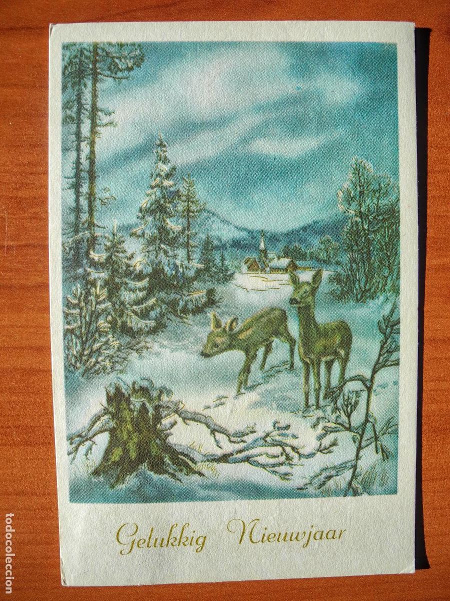 Postcards: Postal Navidad Cervatillo Ciervo paisaje nevado contornos dorados circulada con sello 1959 9x14