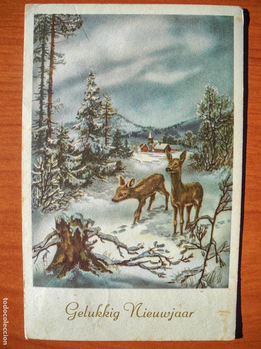 Postcards: Postal Navidad Cervatillo Ciervo paisaje nevado contornos dorados circulada con sello 1958 9x14