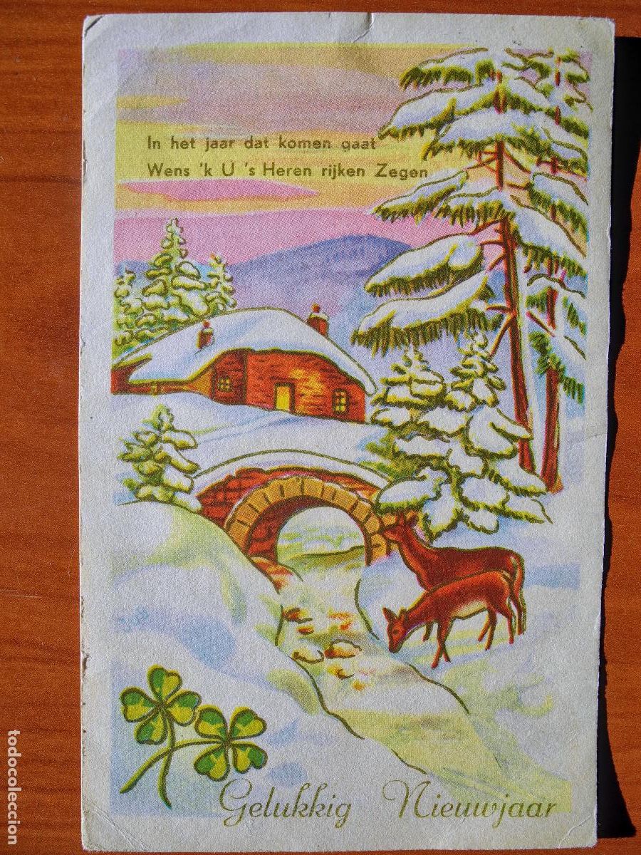 Postcards: Postal Navidad Cervatillo Ciervo paisaje nevado contornos dorados circulada sin sello 9x14