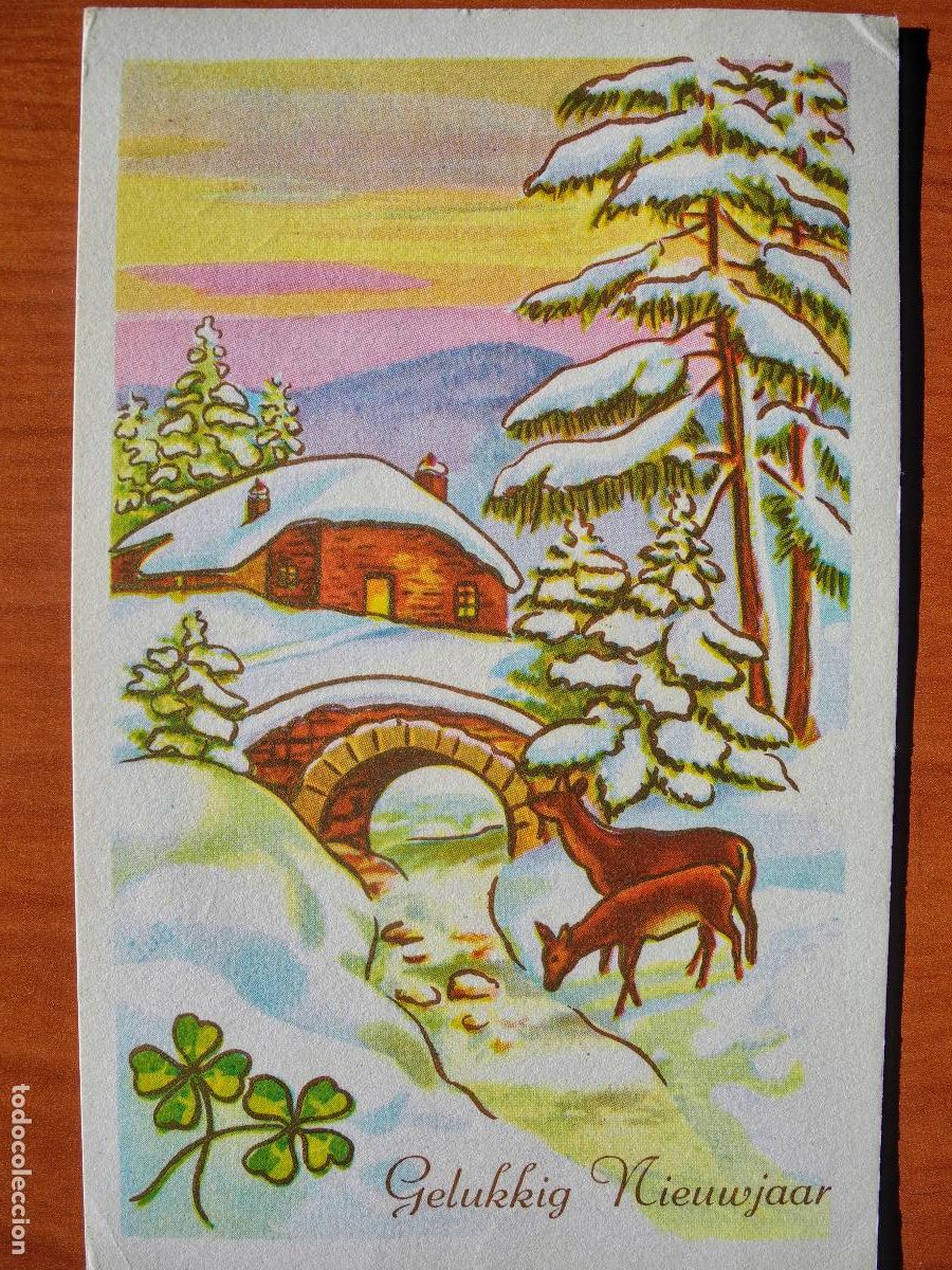 Postcards: Postal Navidad Cervatillo Ciervo paisaje nevado contornos dorados circulada con sello 1966 9x14