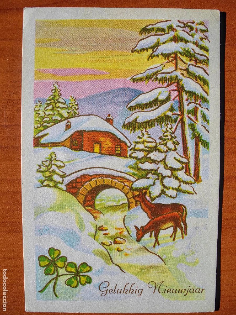 Postcards: Postal Navidad Cervatillo Ciervo paisaje nevado contornos dorados circulada con sello 1967 9x14