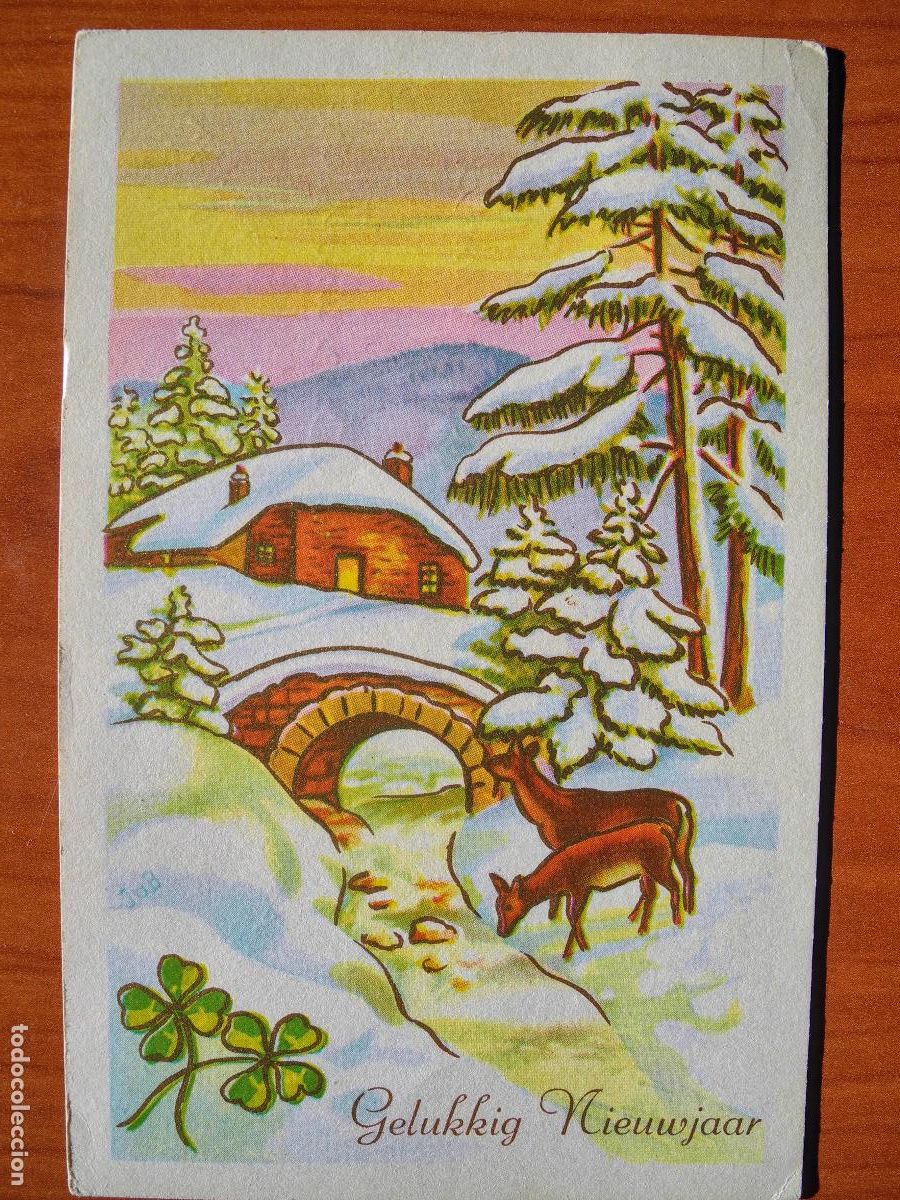 Postcards: Postal Navidad Cervatillo Ciervo paisaje nevado contornos dorados circulada con sello 9x14