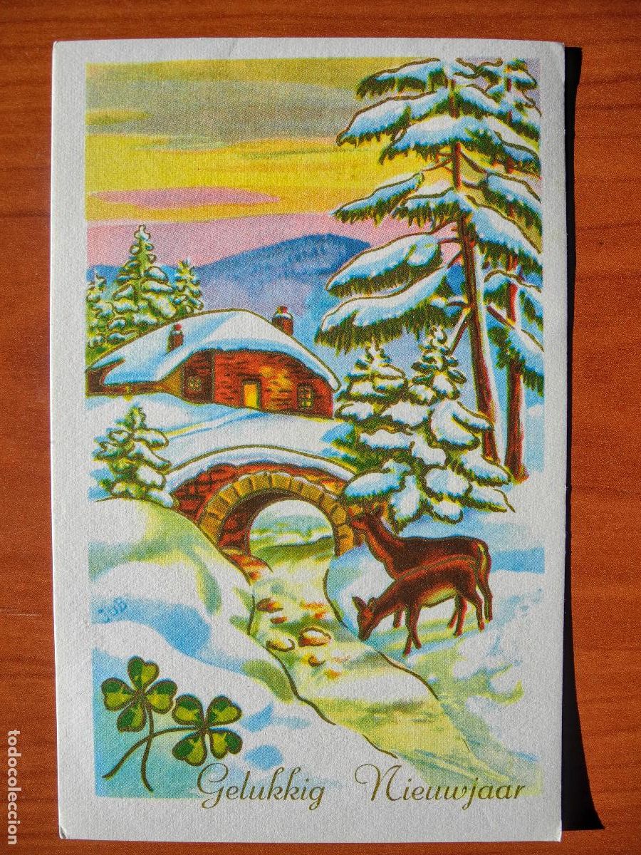 Postcards: Postal Navidad Cervatillo Ciervo paisaje nevado contornos dorados circulada con sello 1965 9x14
