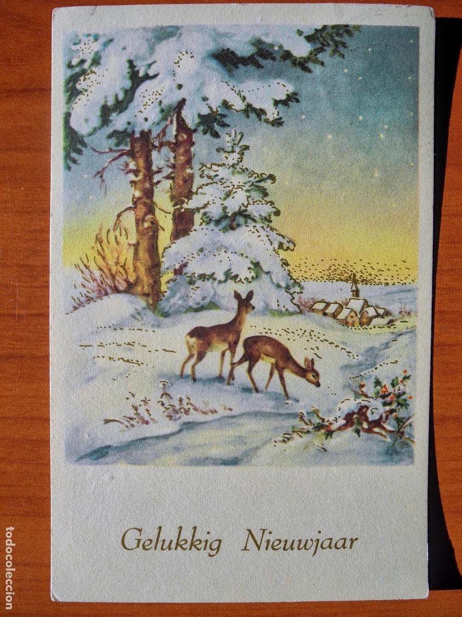 Postcards: Postal Navidad Cervatillo Ciervo paisaje nevado contornos dorados circulada con sello 1959 9x14