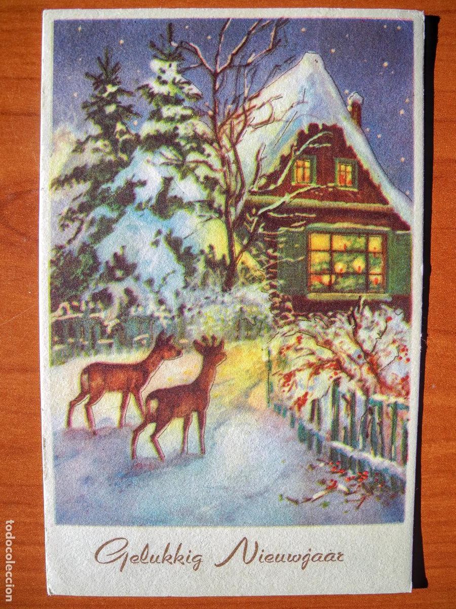 Postcards: Postal Navidad Cervatillo Ciervo paisaje nevado contornos dorados circulada con sello 9x14