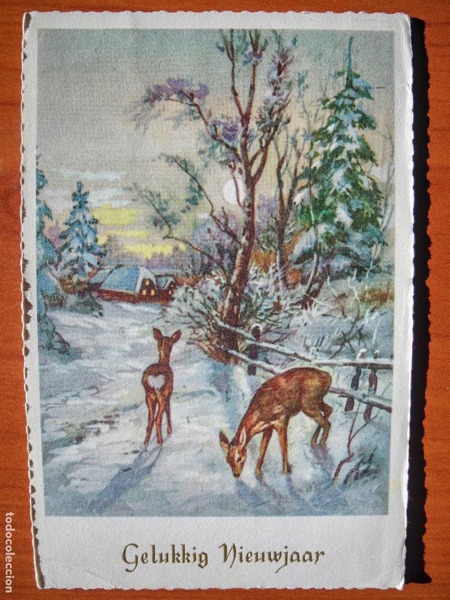 Postcards: Postal Navidad Cervatillo Ciervo paisaje nevado circulada con sello 9x14