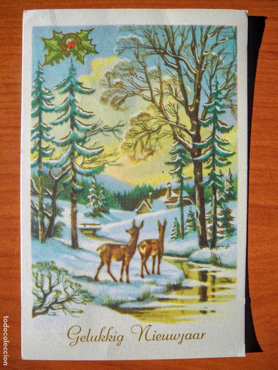 Postais: Postal Navidad Cervatillo Ciervo paisaje nevado contornos dorados circulada con sello 9x14