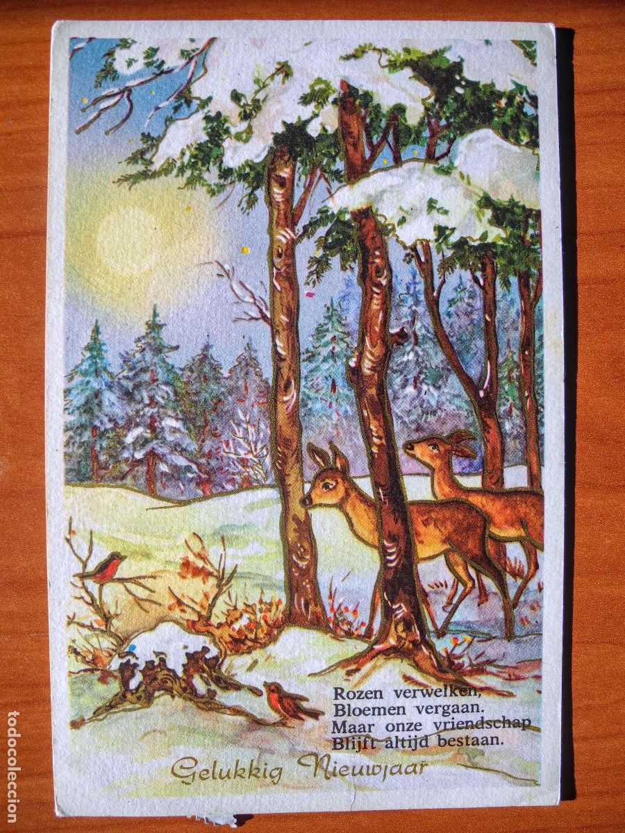 Postais: Postal Navidad Cervatillo Ciervo paisaje nevado Contornos dorados circulada con sello 9x14