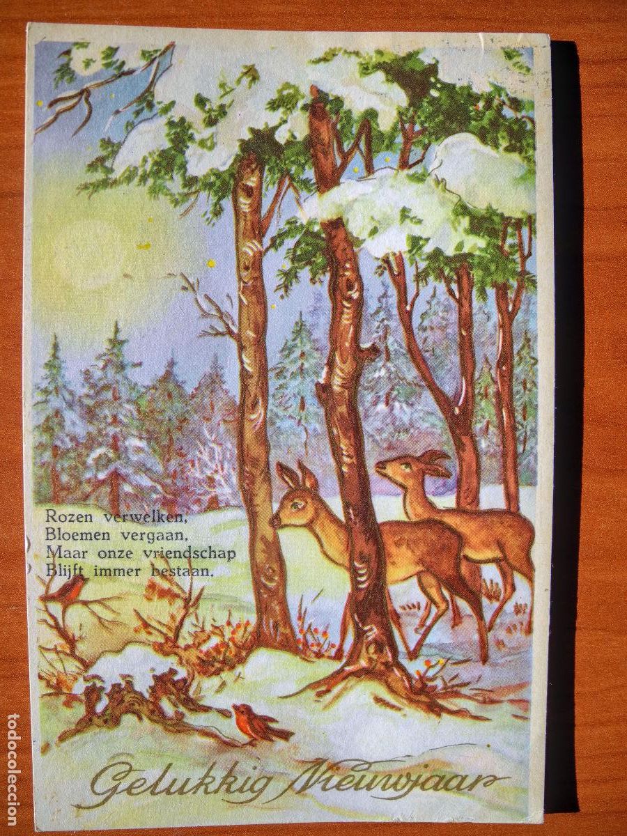 Postais: Postal Navidad Cervatillo Ciervo paisaje nevado Contornos dorados circulada con sello 9x14