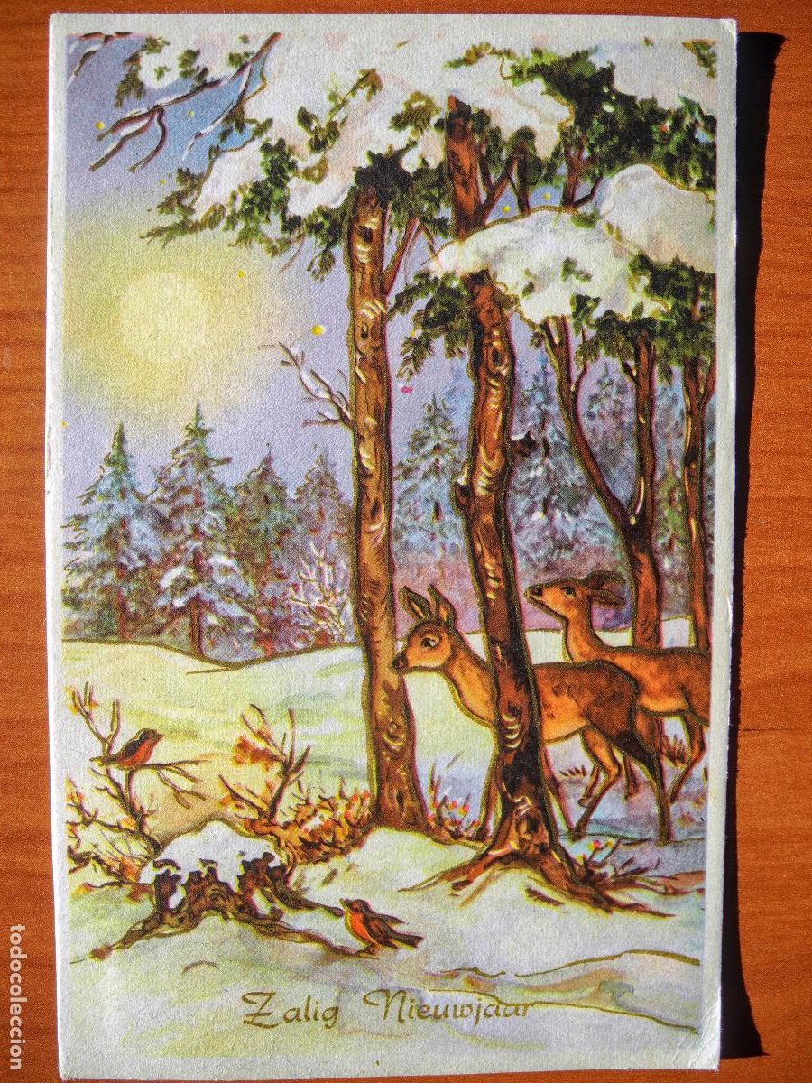 Postais: Postal Navidad Cervatillo Ciervo paisaje nevado Contornos dorados circulada con sello 9x14