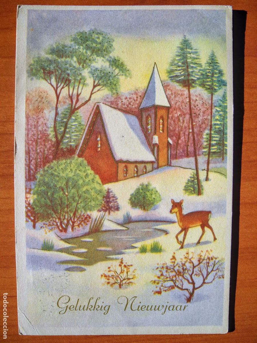 Postais: Postal Navidad Cervatillo Ciervo paisaje nevado Contornos dorados circulada con sello 1956 9x14