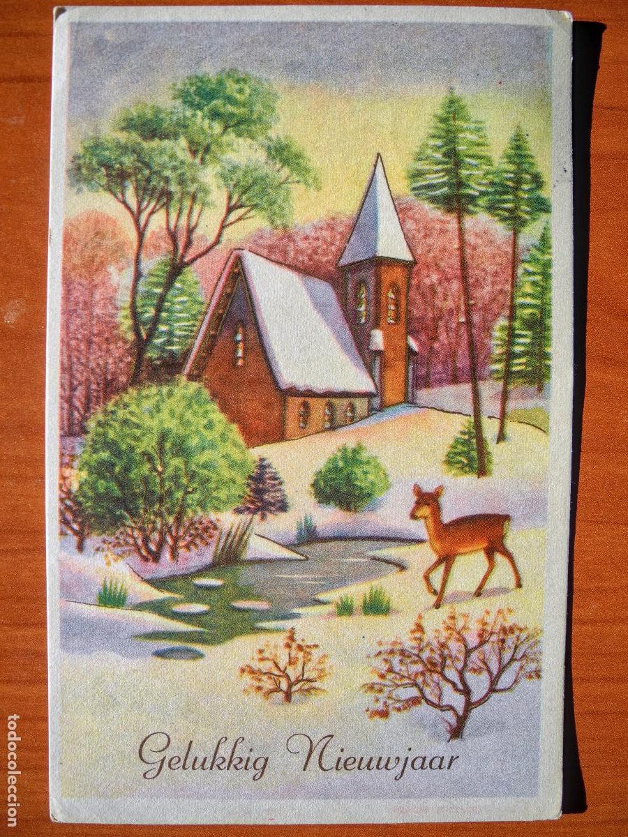 Postais: Postal Navidad Cervatillo Ciervo paisaje nevado Contornos dorados circulada con sello 1957 9x14