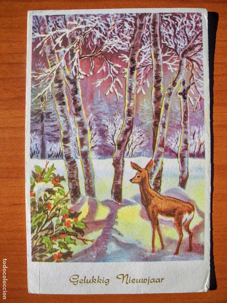 Postais: Postal Navidad Cervatillo Ciervo paisaje nevado Contornos dorados circulada con sello 9x14