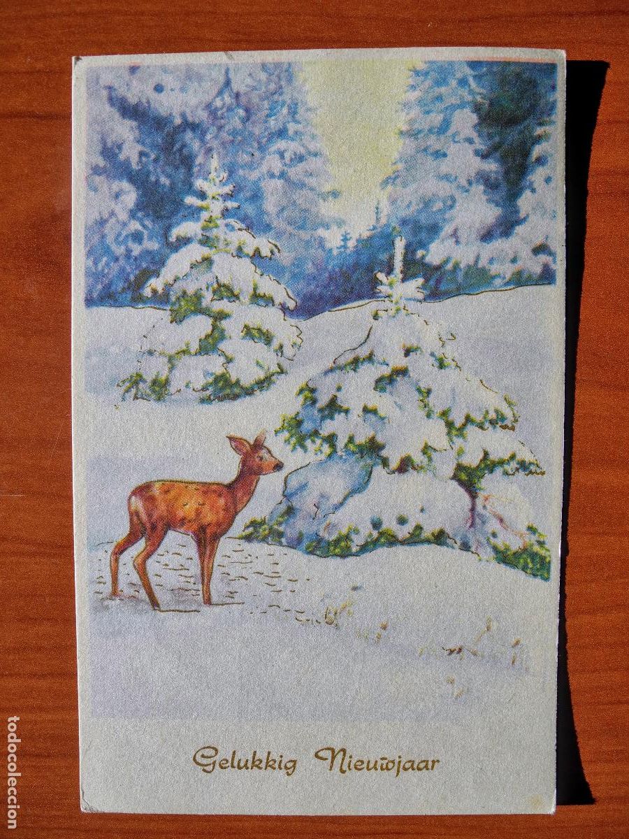 Postais: Postal Navidad Cervatillo Ciervo paisaje nevado Contornos dorados circulada con sello 9x14