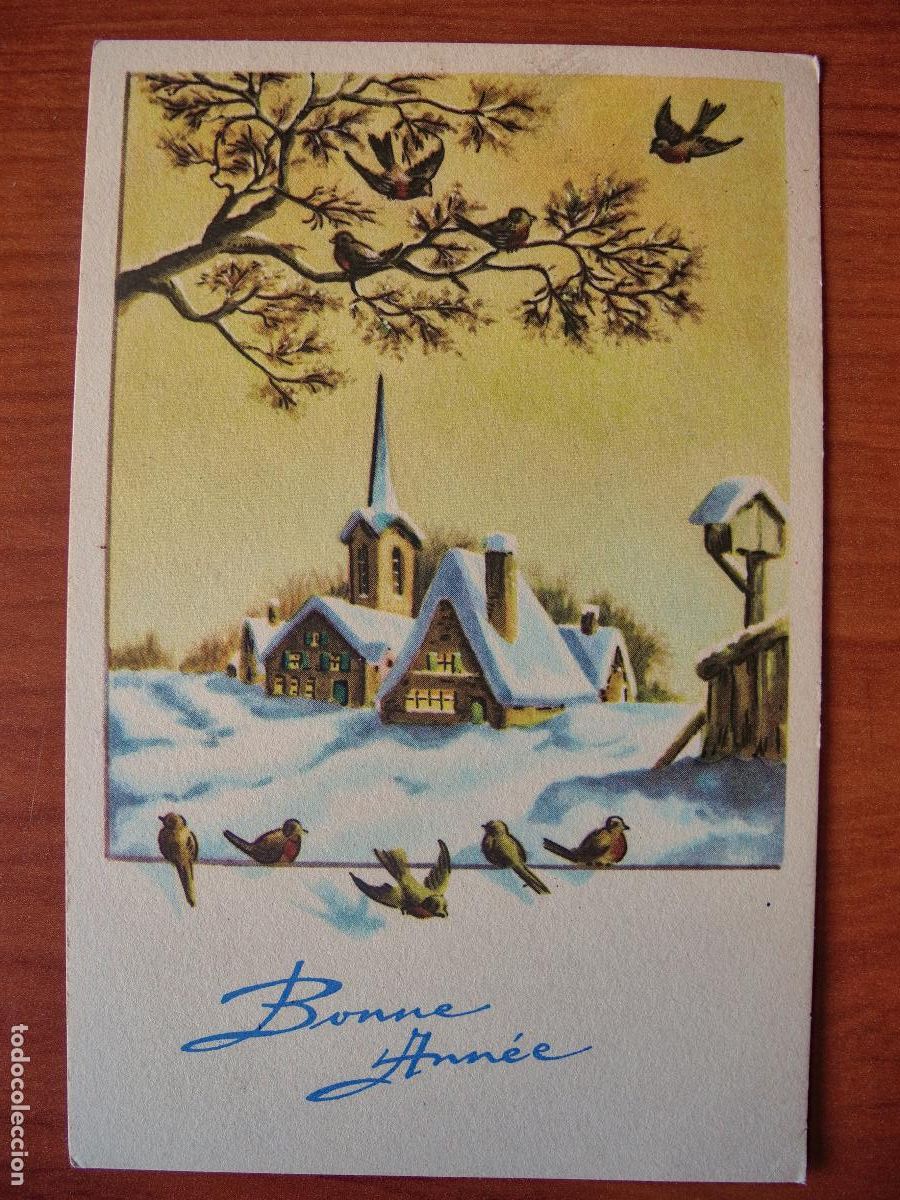 Postais: Postal Navidad paisaje nevado pajaritos casas nido Circulada con sello 1952 9x14