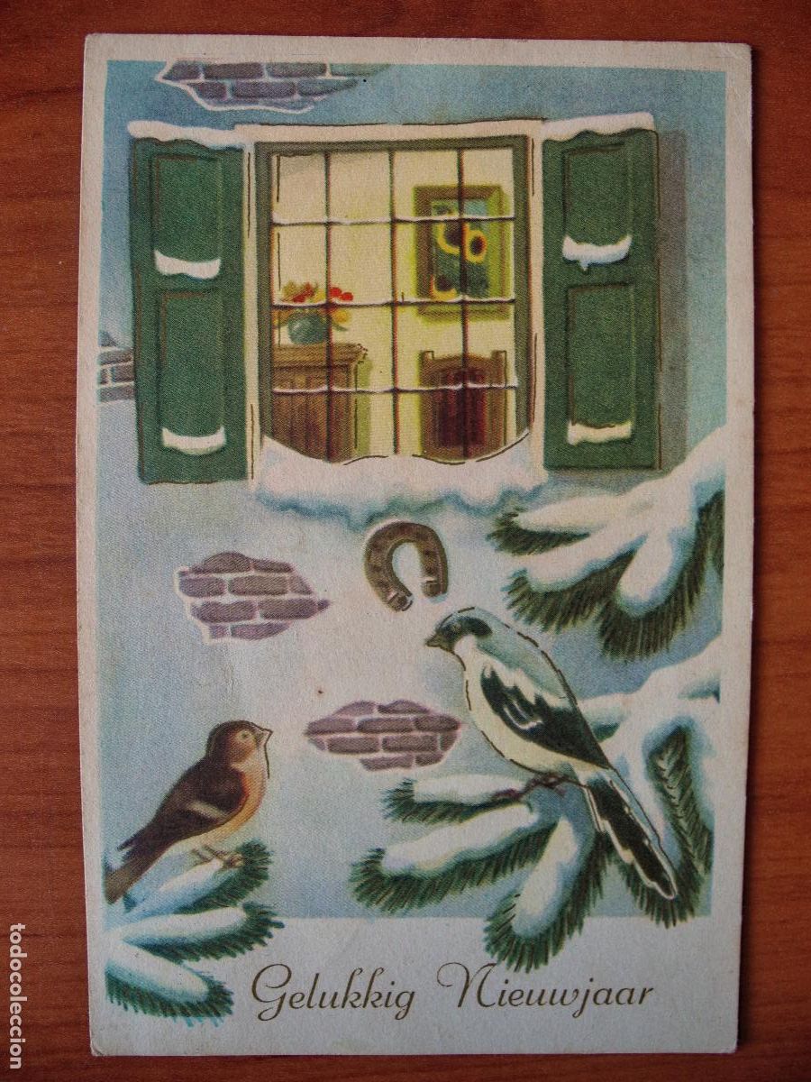 Postais: Postal Navidad paisaje nevado pajaritos ventana Circulada con sello 1955 9x14