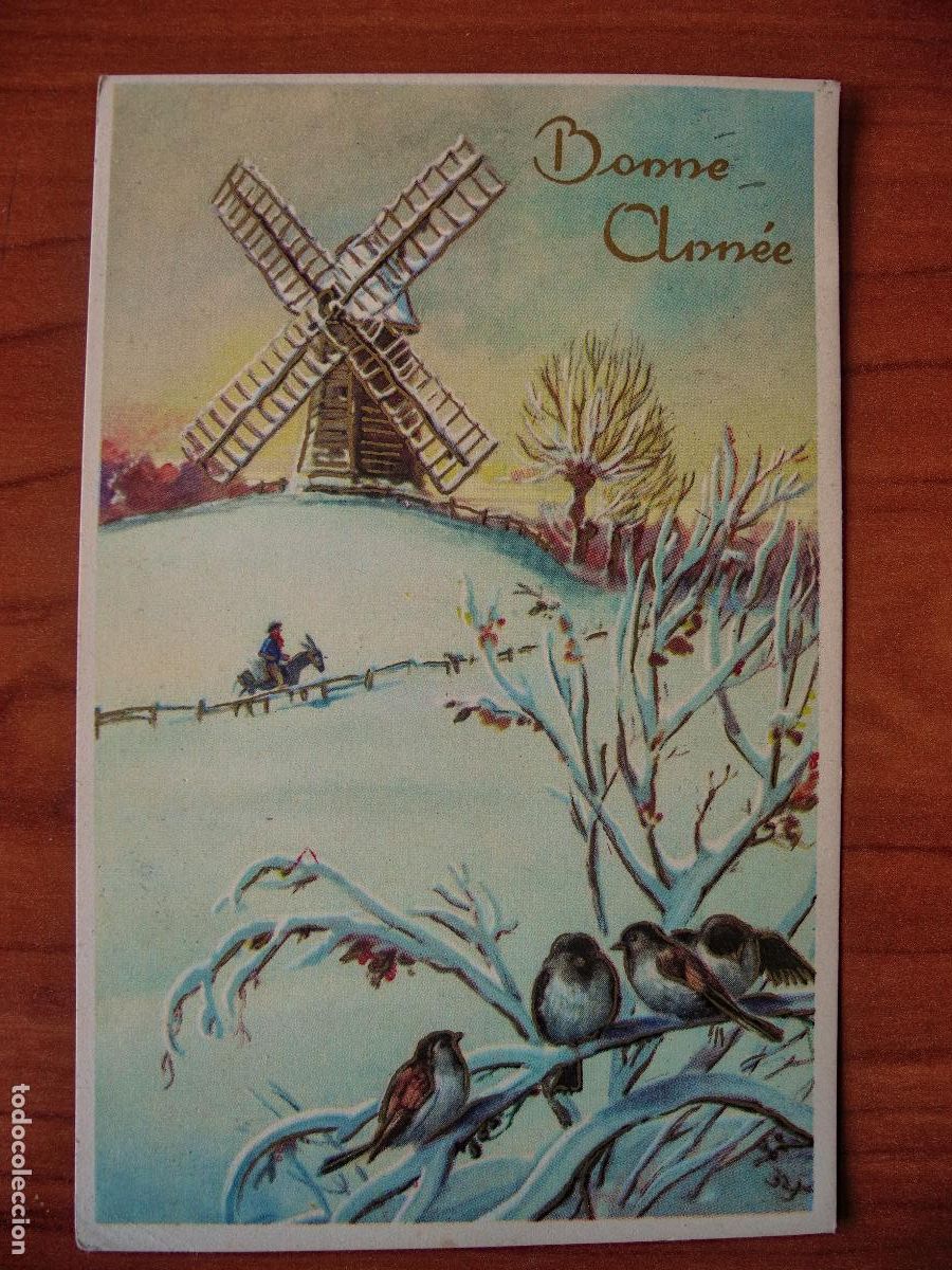 Postais: Postal Navidad paisaje nevado pajaritos Molino, burro Circulada con sello 1955 9x14