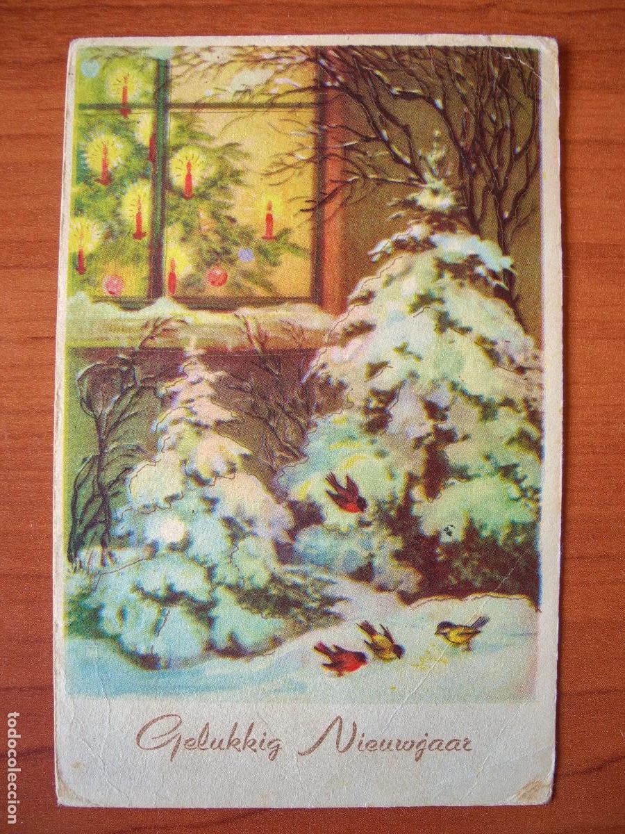 Postais: Postal Navidad paisaje nevado pajaritos Contornos dorados Circulada con sello 1961 9x14