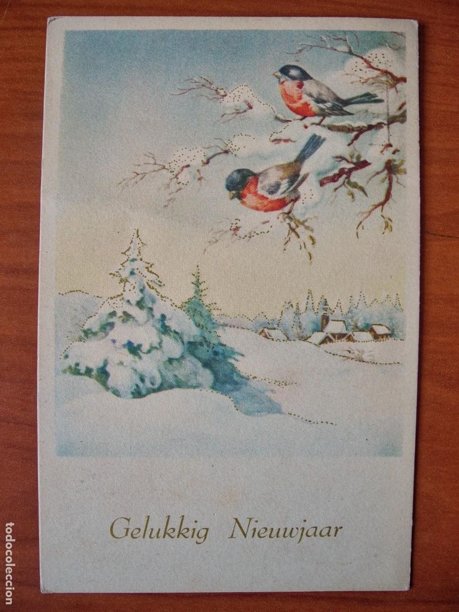 Postais: Postal Navidad paisaje nevado pajarito petirrojo Contornos dorados circulada con sello a&ntilde;os 40 9x14