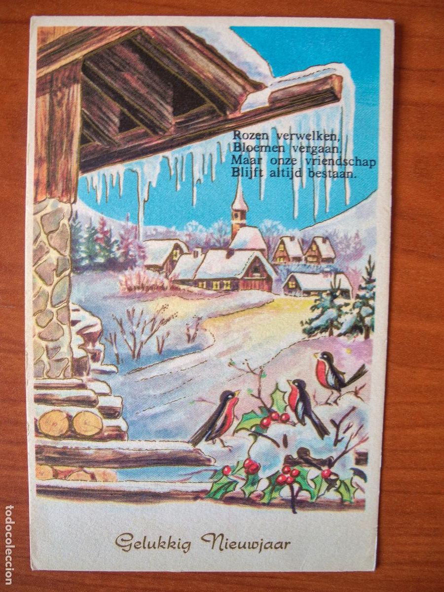 Postais: Postal Navidad paisaje nevado pajarito petirrojo contornos dorados Nueva 9x14