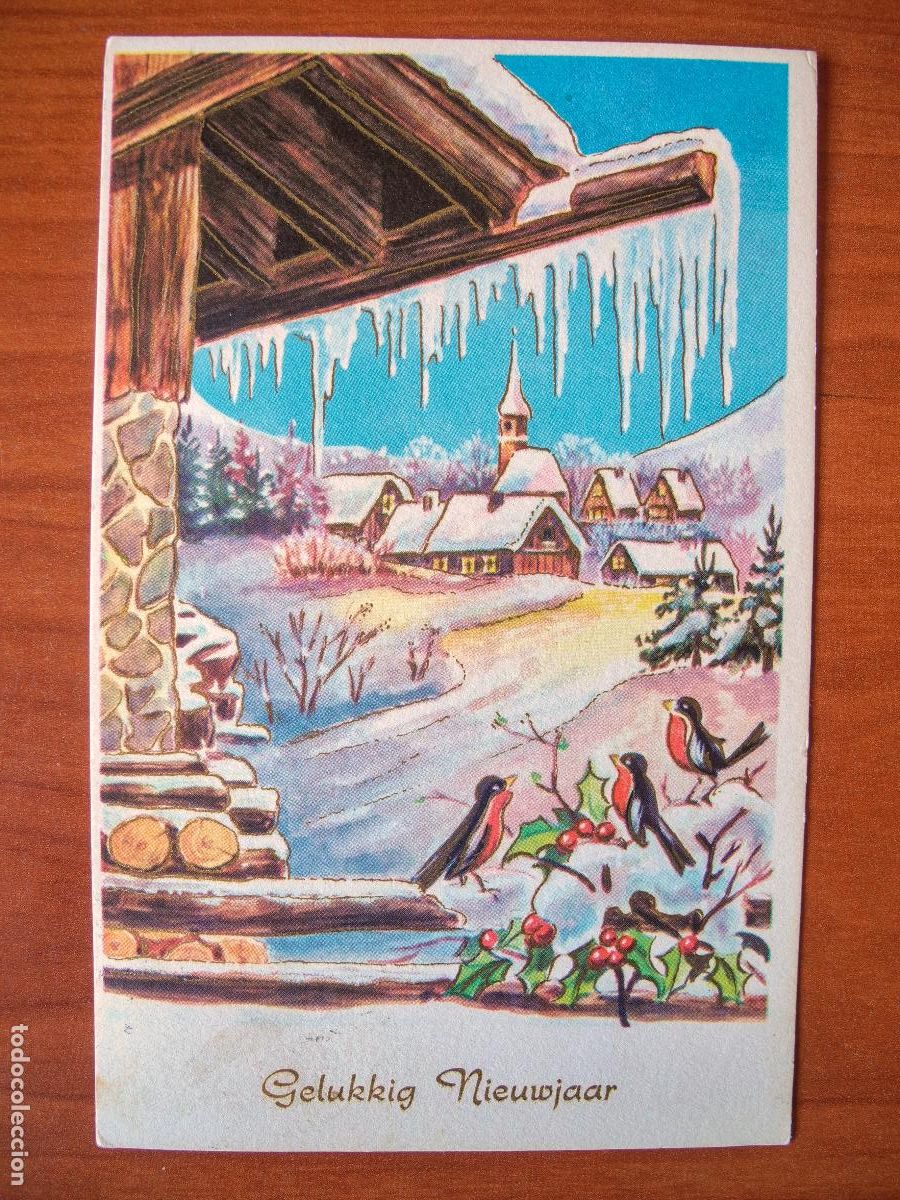 Postais: Postal Navidad paisaje nevado pajarito petirrojo contornos dorados circulada con sello 9x14