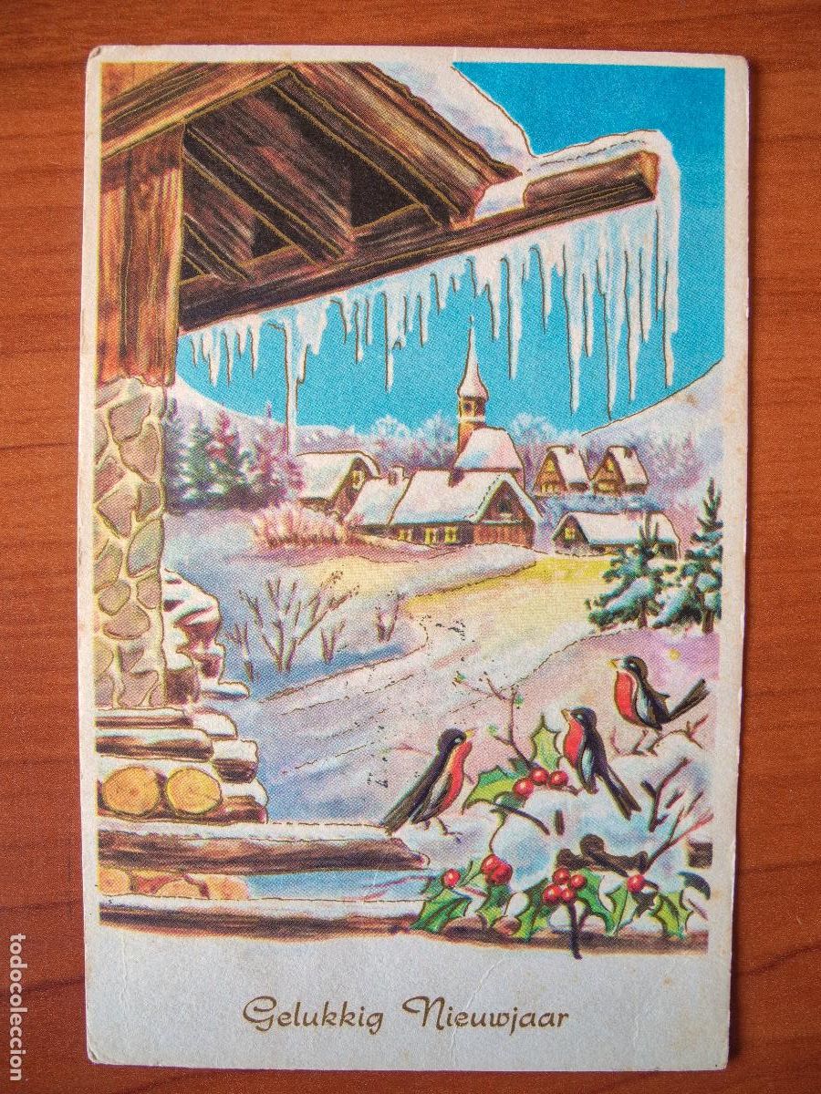 Postais: Postal Navidad paisaje nevado pajarito petirrojo contornos dorados circulada con sello 1962 9x14