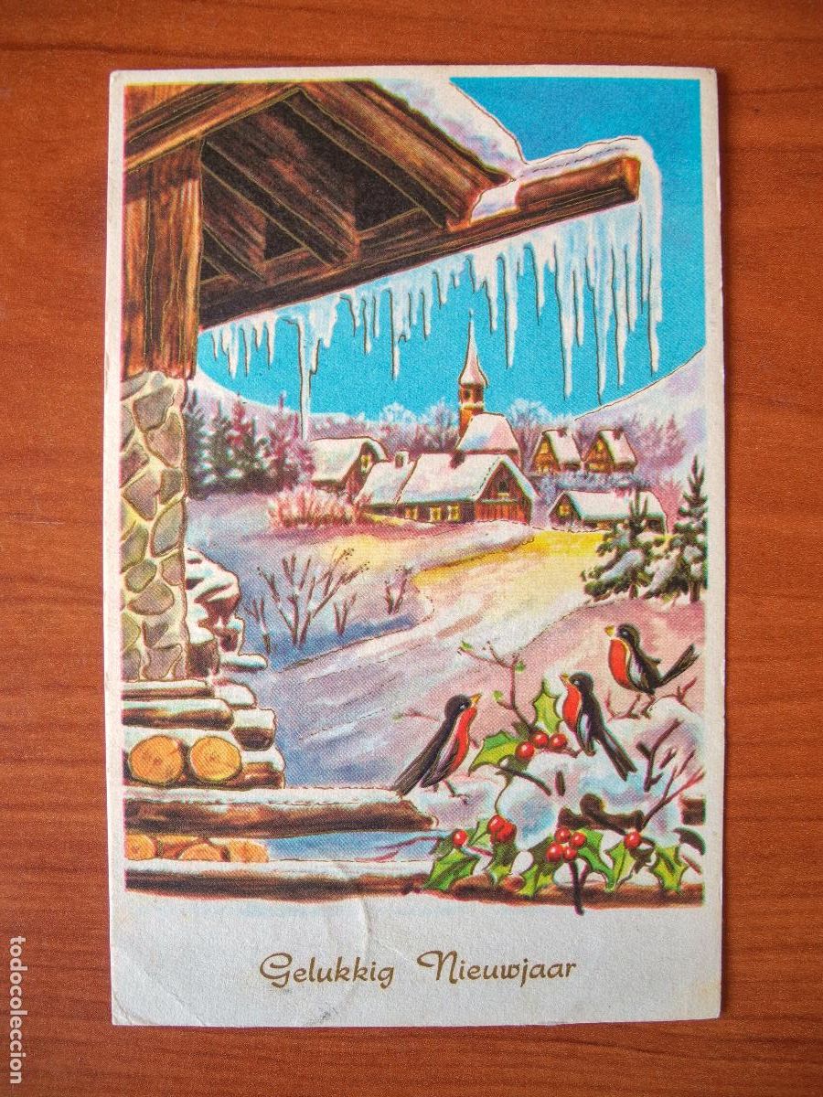 Postais: Postal Navidad paisaje nevado pajarito petirrojo contornos dorados circulada sin sello 9x14