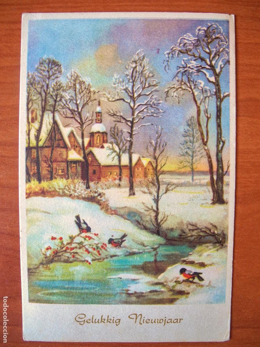 Postais: Postal Navidad paisaje nevado pajarito petirrojo r&iacute;o trazos dorados circulada con sello 9x14