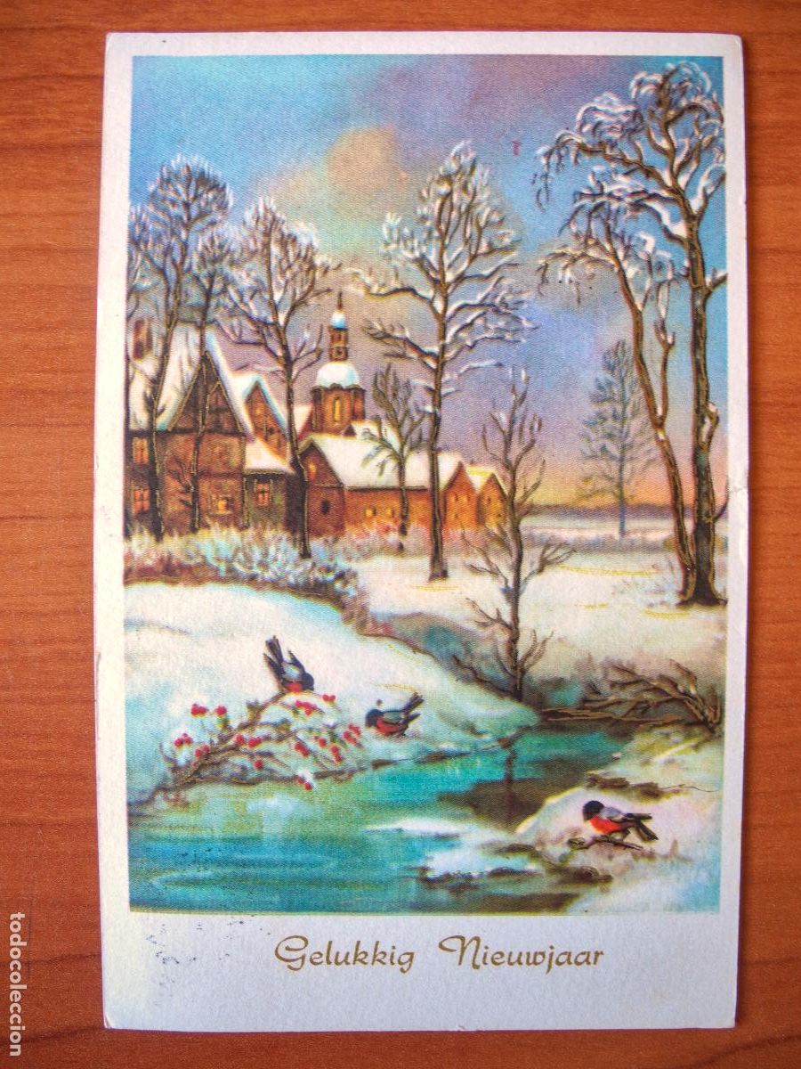 Postais: Postal Navidad paisaje nevado pajarito petirrojo r&iacute;o trazos dorados escrita con sello 9x14