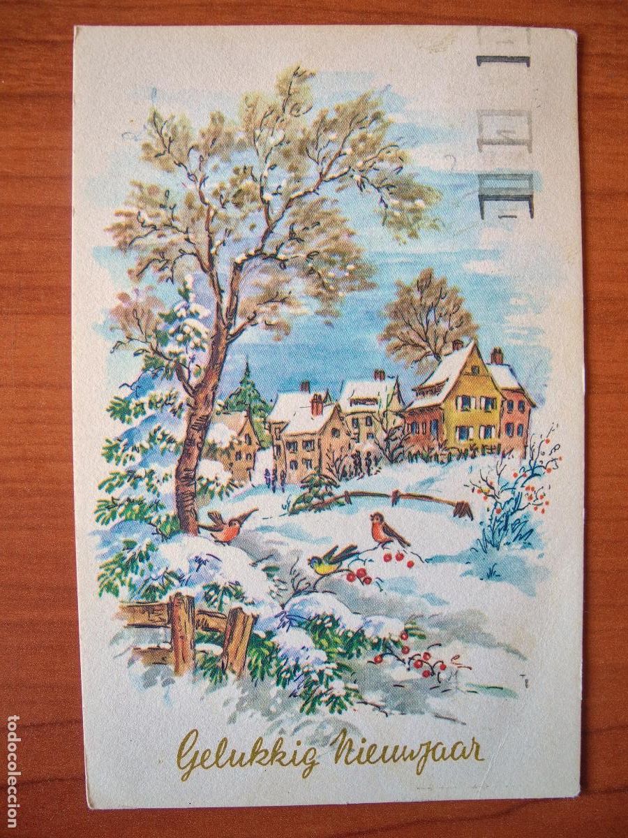 Postais: Postal Navidad paisaje nevado pajarito petirrojo herrerillo circulada con sello 9x14