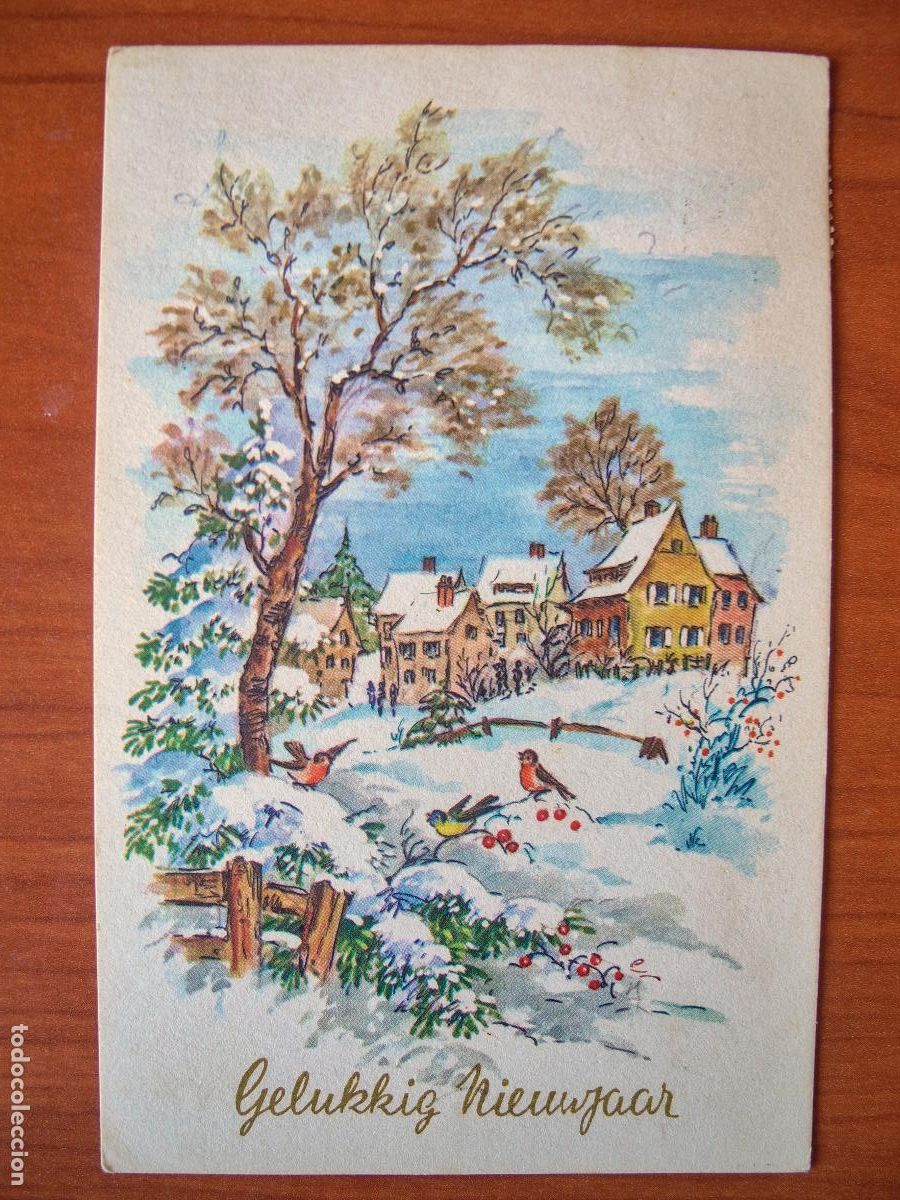 Postais: Postal Navidad paisaje nevado pajarito petirrojo herrerillo circulada con sello 9x14