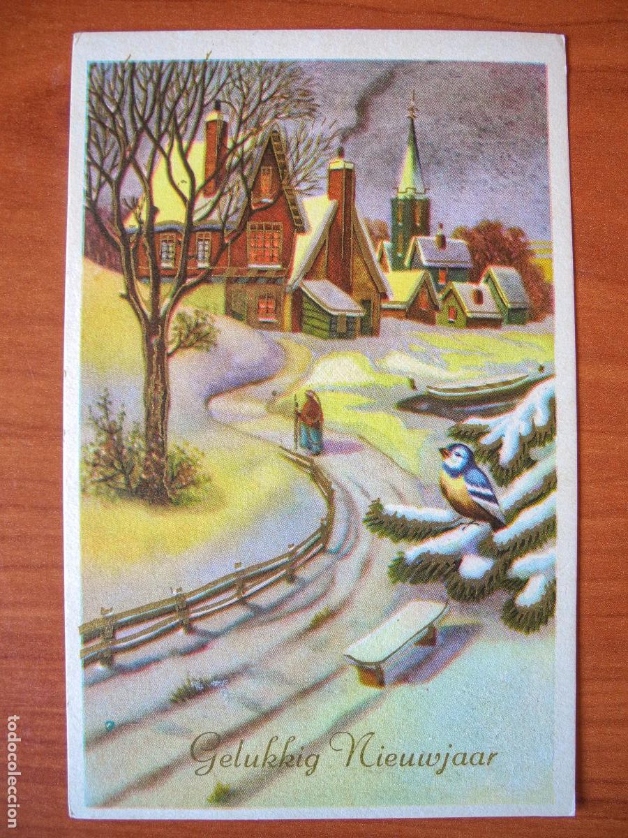 Postais: Postal Navidad. Paisaje nevado. pajarito herrerillo trazos dorados circulada con sello 9x14