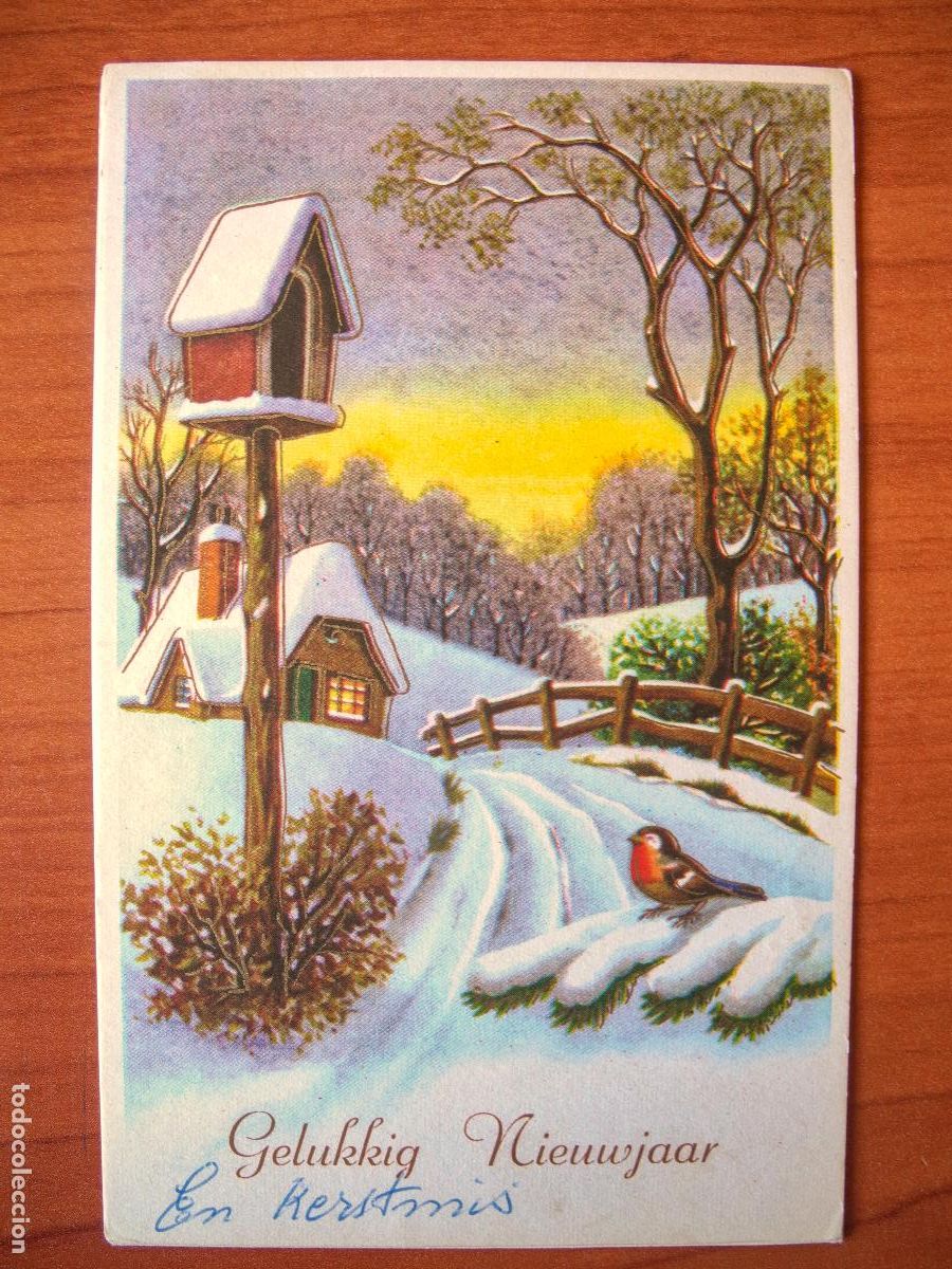 Postais: Postal Navidad. Paisaje nevado. pajarito petirrojo trazos dorados escrita sin circular 9x14