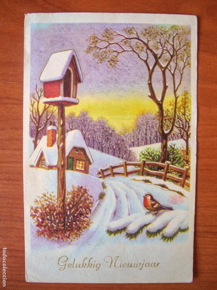 Postais: Postal Navidad. Paisaje nevado. pajarito petirrojo trazos dorados escrita sin circular 9x14