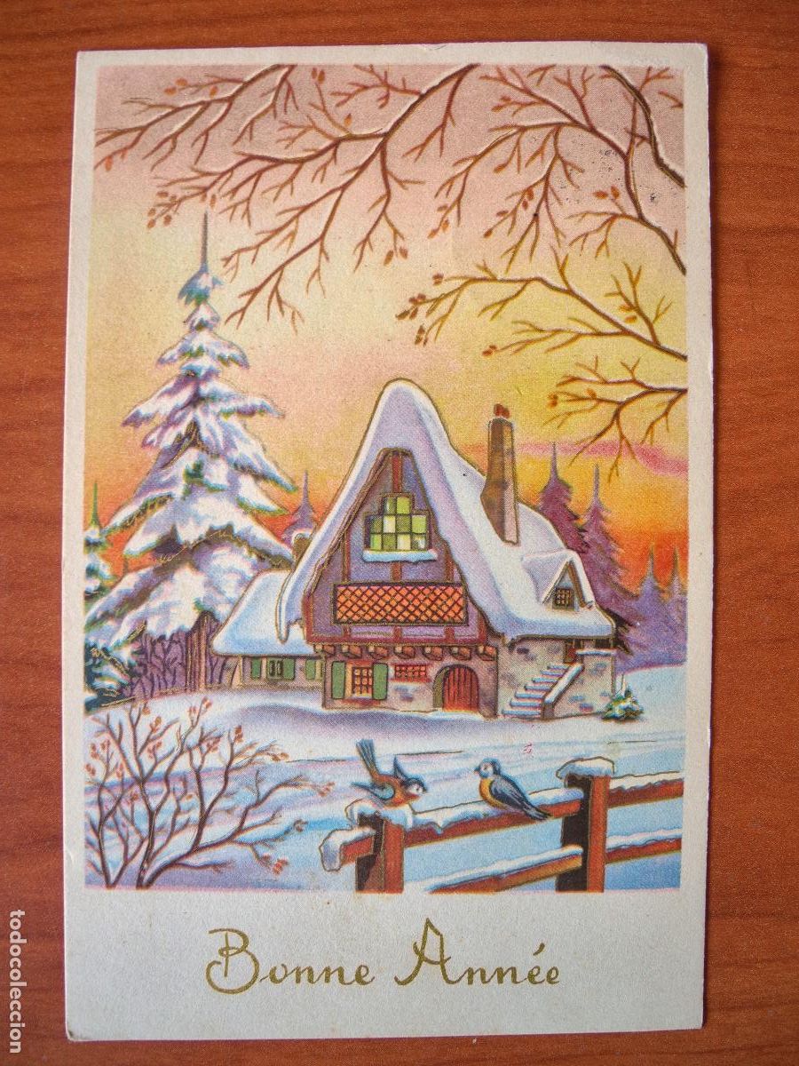 Postais: Postal Navidad. Paisaje nevado pajarito trazos dorados nueva circulada con sello 1954 9x14